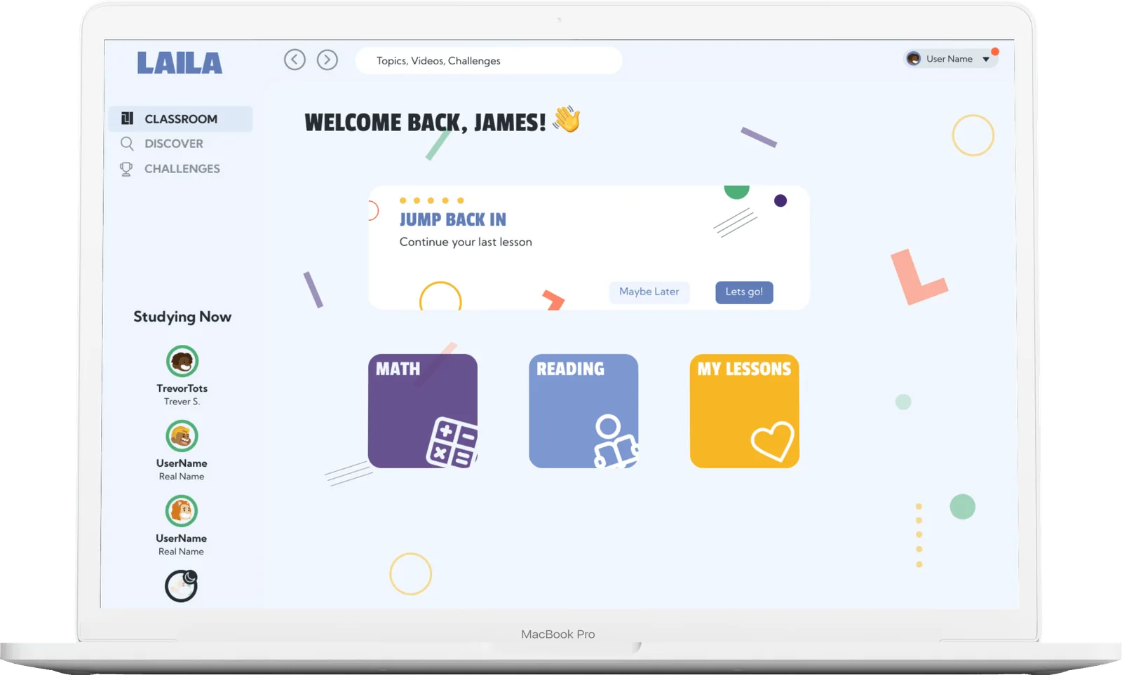 Laila high-fidelity dashboard with math, reading and my lessons tiles