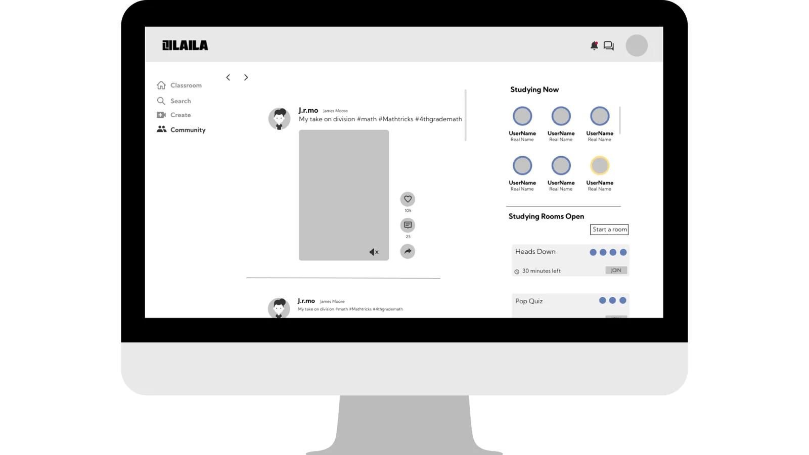 Low-fidelity Laila wireframe on a desktop monitor