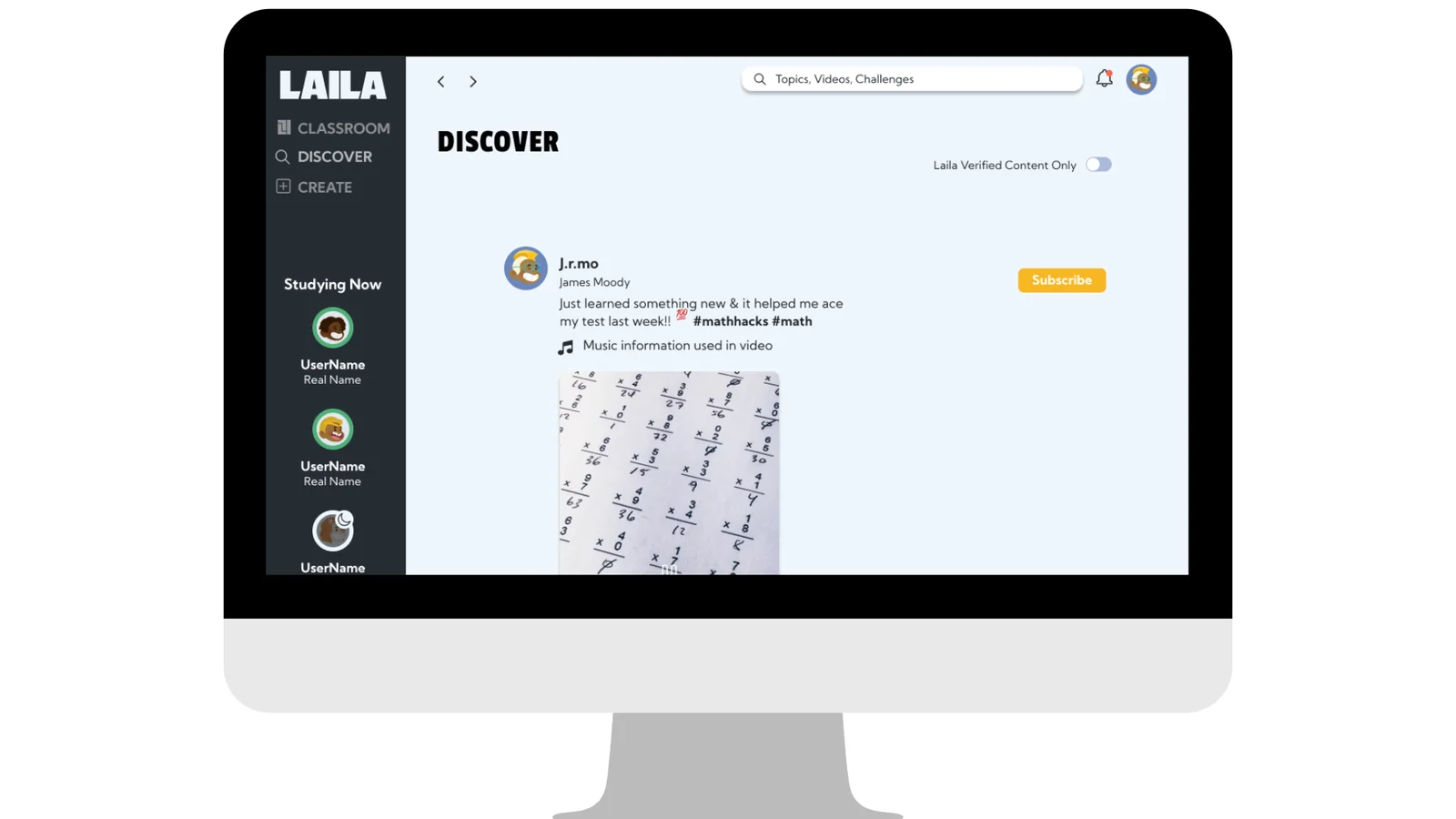 Mid-fidelity Laila discover screen on a desktop monitor