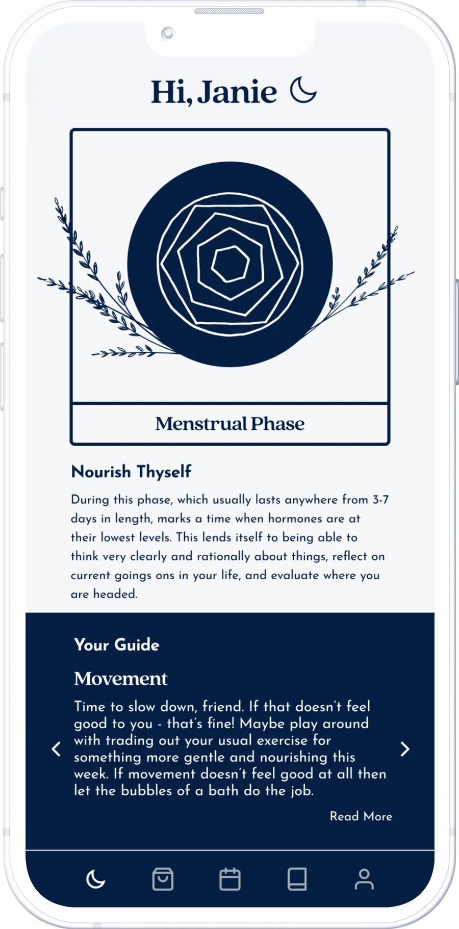 Our Moons app showing the menstrual phase screen with guidance for the day